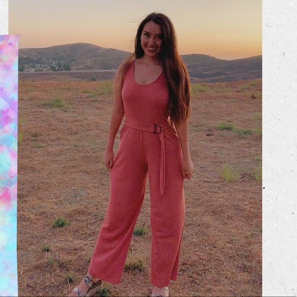 Coral - Pink Jumpsuit with attached belt detail - Picture 2 of 4